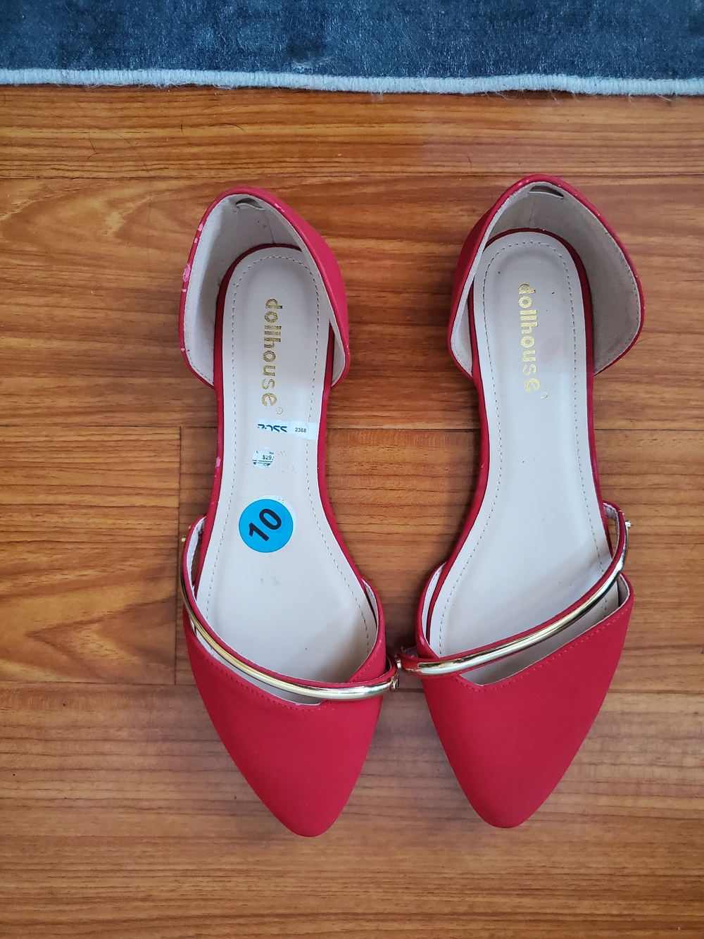dollhouse Red Pointed Toe D'Orsay Flats with Gold Trim